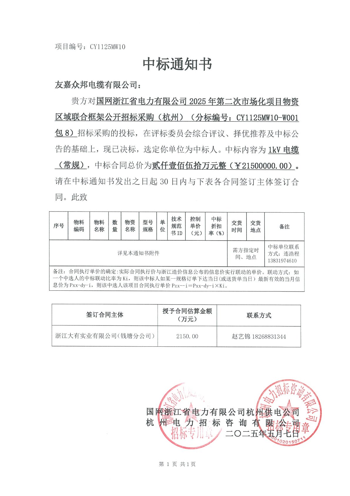  Компания Zhejiang Electric Power Co. получила премию в размере 21,5 млн юаней.