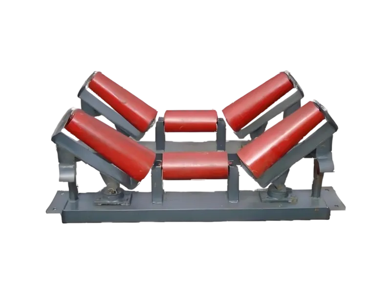 Conical self-aligning idler roller assembly